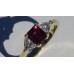 Emerald Cut Ruby with Trillion Diamonds Ring in 18k Yellow Gold